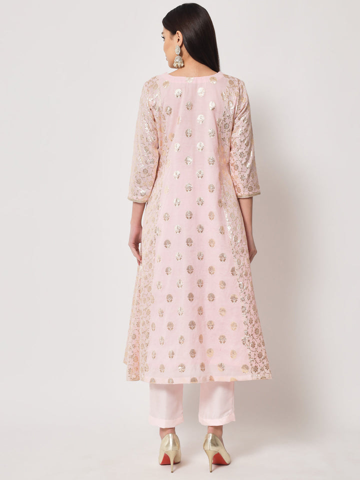 anokherang Combos Pink Lotus Chanderi Brocade A-Line Kurti with Pants