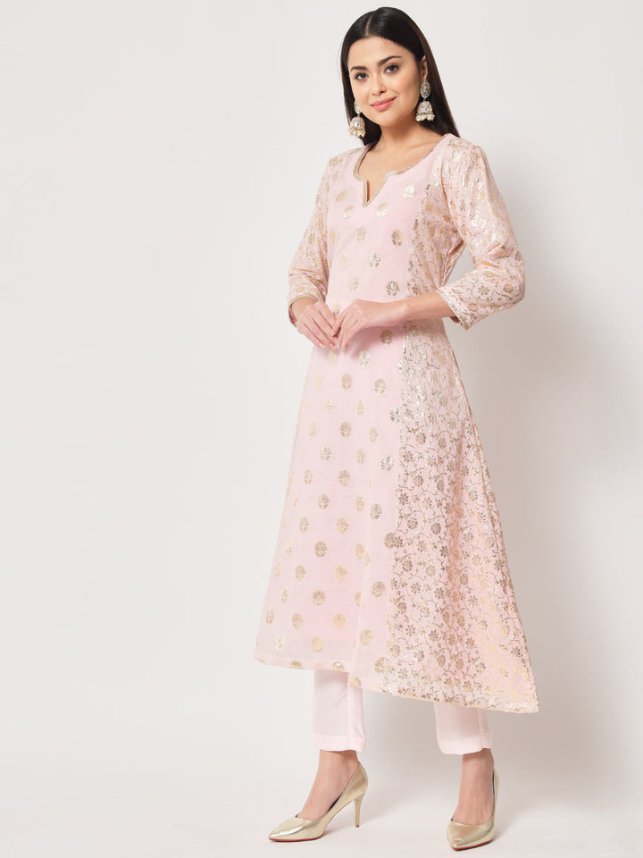 anokherang Combos Pink Lotus Chanderi Brocade A-Line Kurti with Pants