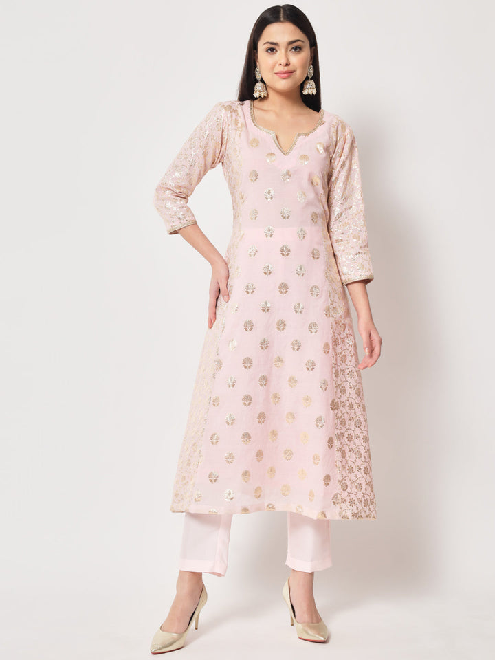 anokherang Combos Pink Lotus Chanderi Brocade A-Line Kurti with Pants