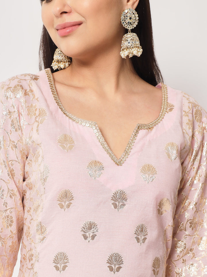anokherang Combos Pink Lotus Chanderi Brocade A-Line Kurti with Pants