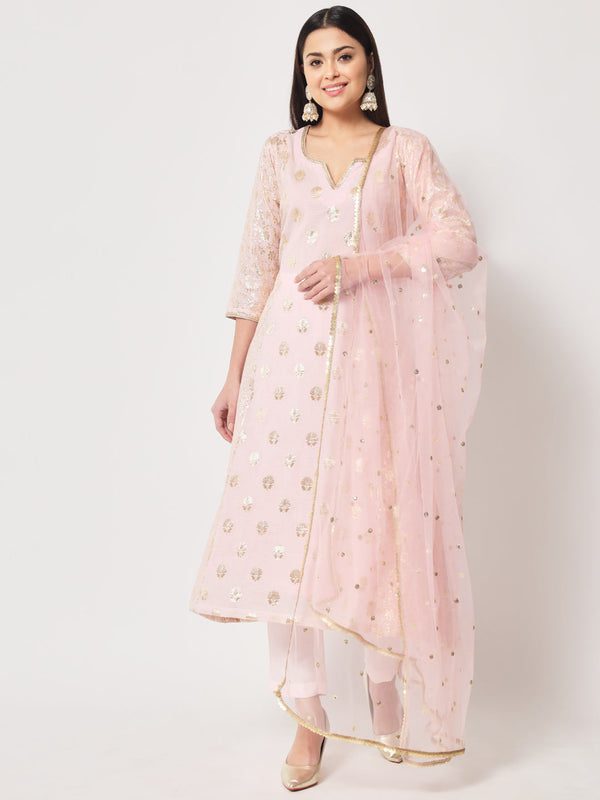 anokherang Combos Pink Lotus Chanderi Brocade A-Line Kurti with Pants and Dupatta