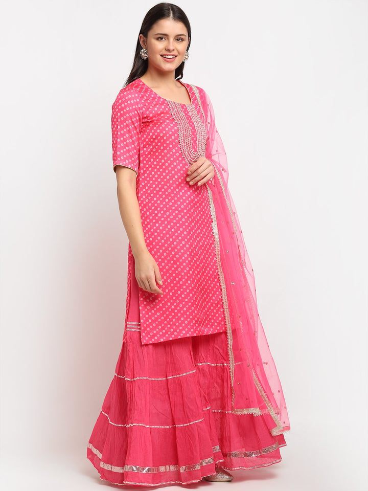 anokherang Combos Pink Passion Bandhani Short Kurti with Sharara and Sequin Dupatta