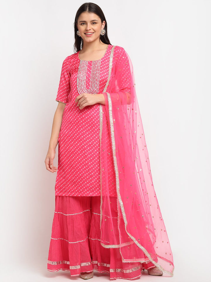 anokherang Combos Pink Passion Bandhani Short Kurti with Sharara and Sequin Dupatta