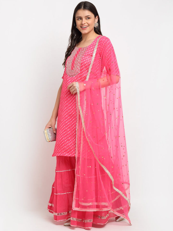anokherang Combos Pink Passion Bandhani Short Kurti with Sharara and Sequin Dupatta