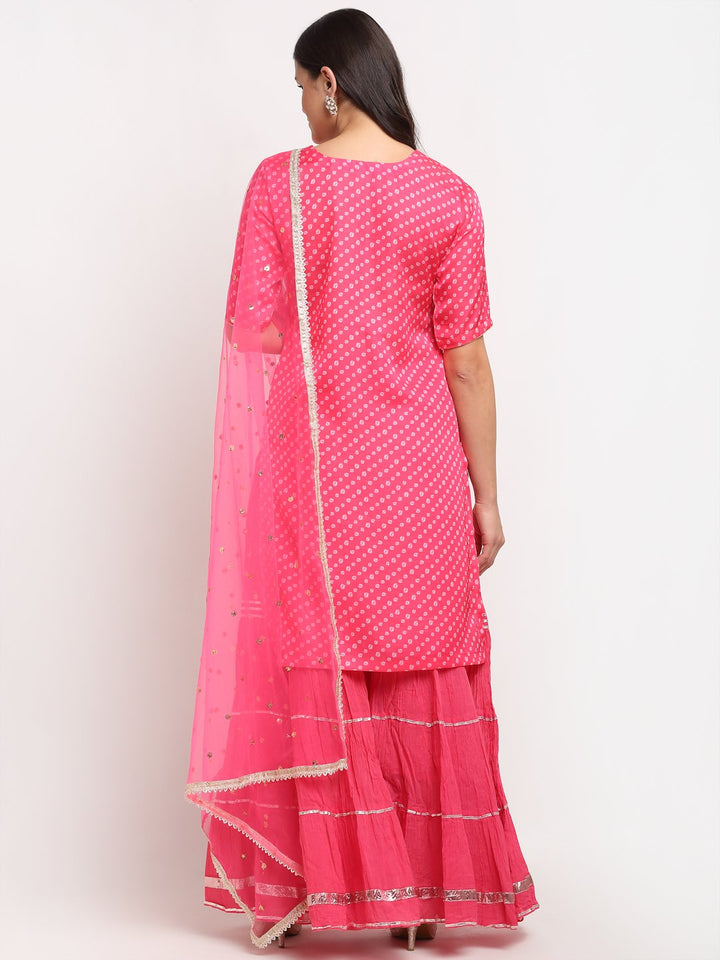 anokherang Combos Pink Passion Bandhani Short Kurti with Sharara and Sequin Dupatta