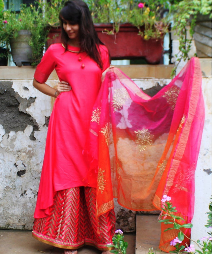 anokherang Combos Pink & Pink Uneven Kurti with Palazzos and Dupatta