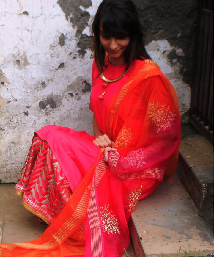 anokherang Combos Pink & Pink Uneven Kurti with Palazzos and Dupatta