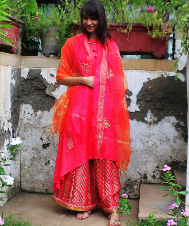 anokherang Combos Pink & Pink Uneven Kurti with Palazzos and Dupatta
