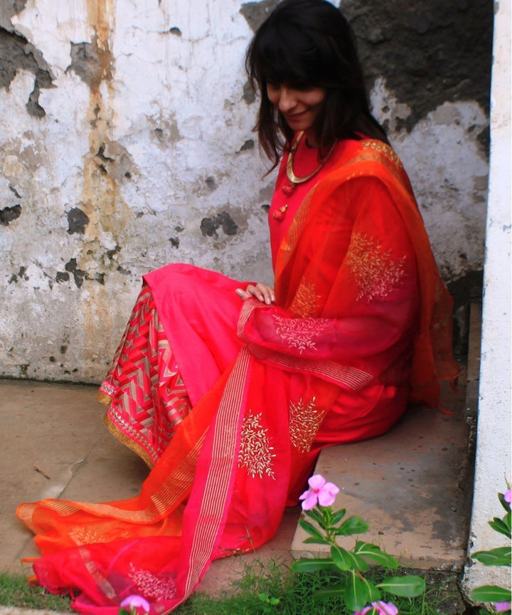 anokherang Combos Pink & Pink Uneven Kurti with Palazzos and Dupatta