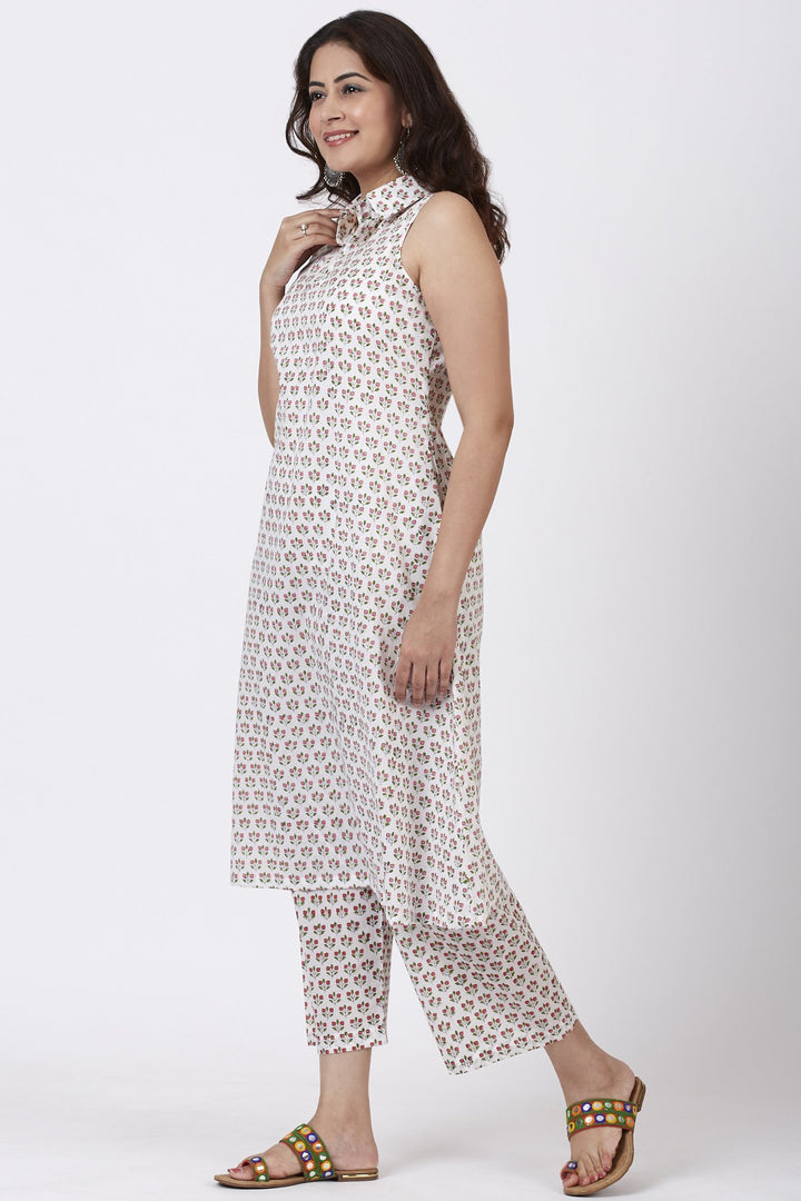 anokherang Combos Pink Printed Floral Collared Kurti with Printed Straight Pants