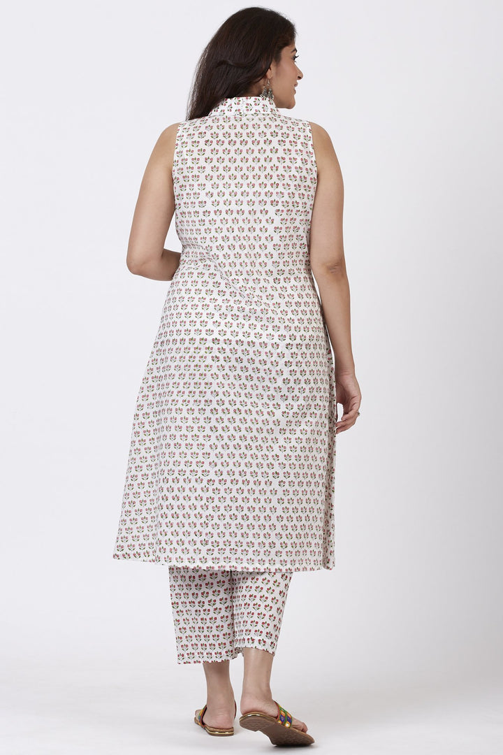 anokherang Combos Pink Printed Floral Collared Kurti with Printed Straight Pants