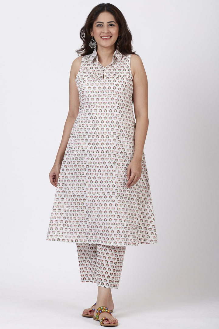 anokherang Combos Pink Printed Floral Collared Kurti with Printed Straight Pants
