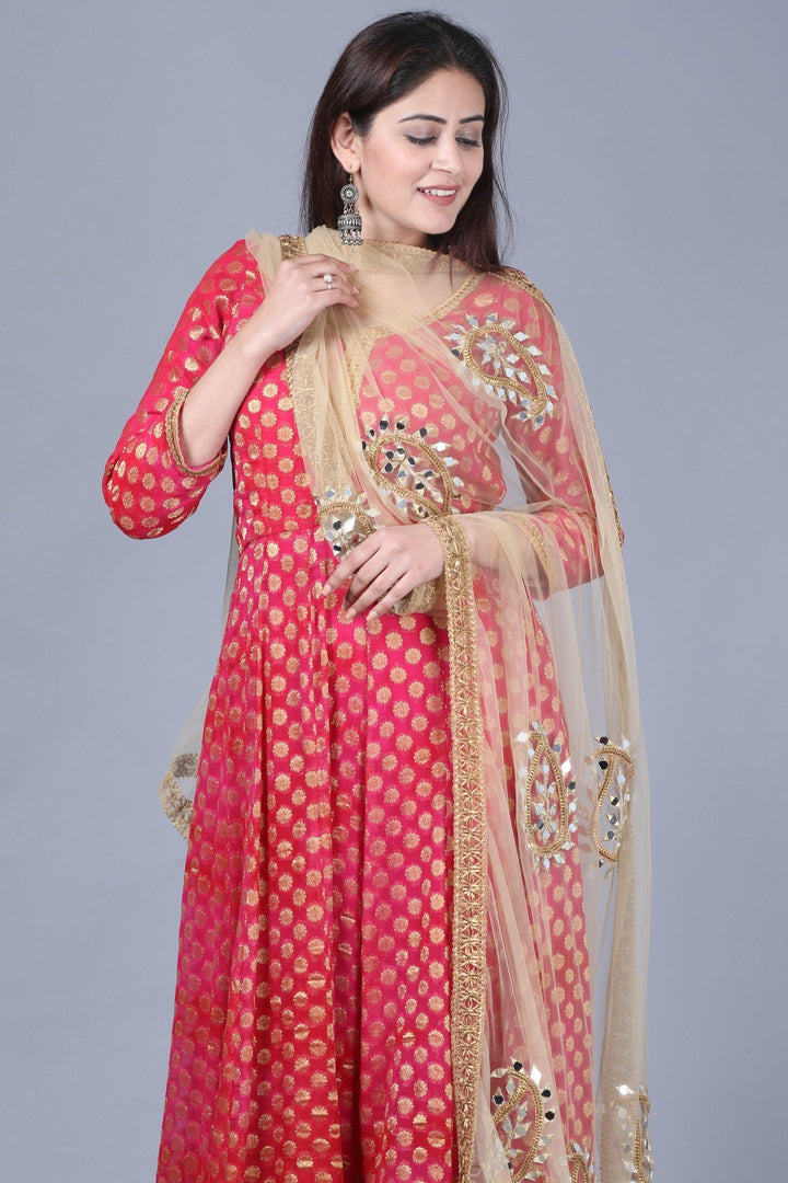 anokherang Combos Pink Red Georgette Banarsi Anarkali with Leggings and Gold Mirror Paisley Net Dupatta