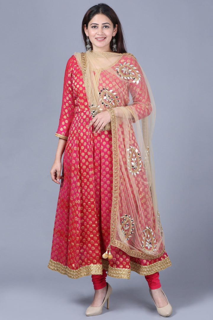 anokherang Combos Pink Red Georgette Banarsi Anarkali with Leggings and Gold Mirror Paisley Net Dupatta
