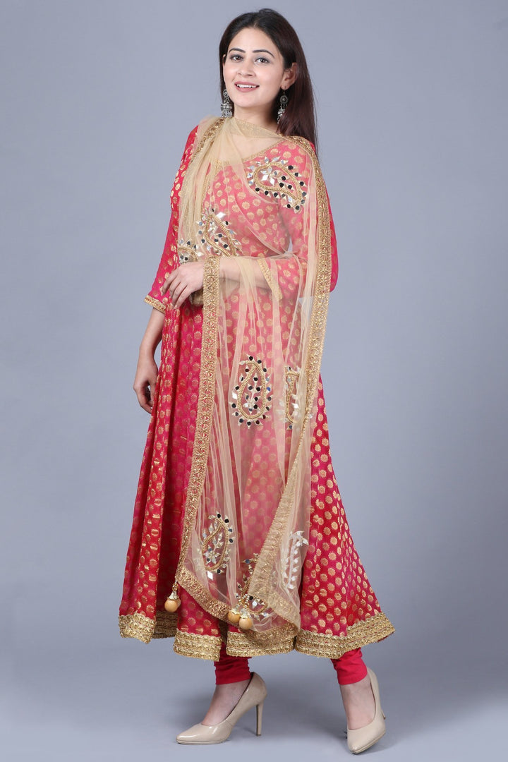 anokherang Combos Pink Red Georgette Banarsi Anarkali with Leggings and Gold Mirror Paisley Net Dupatta