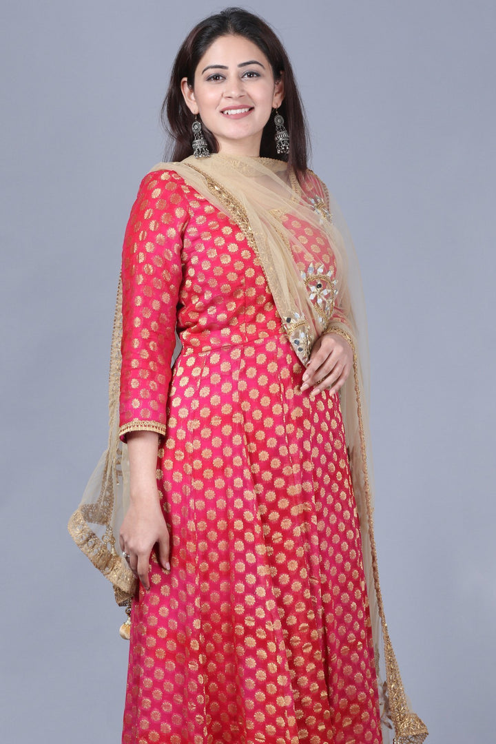 anokherang Combos Pink Red Georgette Banarsi Anarkali with Leggings and Gold Mirror Paisley Net Dupatta