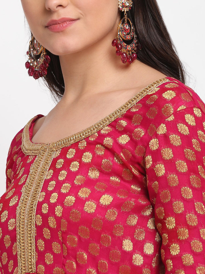 anokherang Combos Pink Red Georgette Banarsi Anarkali with Leggings and Pink Mirror Stone Net Dupatta
