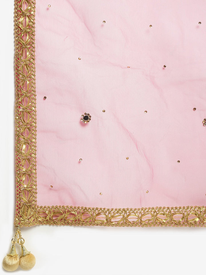anokherang Combos Pink Red Georgette Banarsi Anarkali with Leggings and Pink Mirror Stone Net Dupatta
