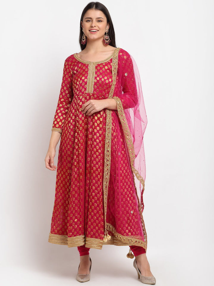 anokherang Combos Pink Red Georgette Banarsi Anarkali with Leggings and Pink Mirror Stone Net Dupatta