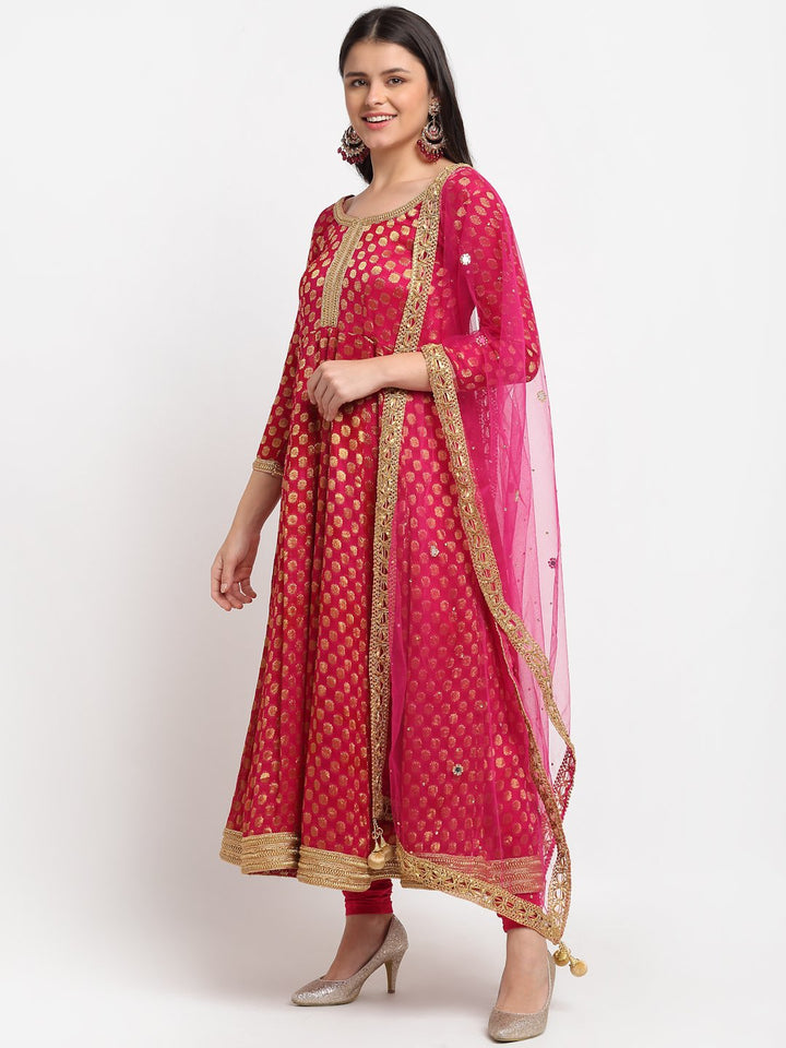 anokherang Combos Pink Red Georgette Banarsi Anarkali with Leggings and Pink Mirror Stone Net Dupatta
