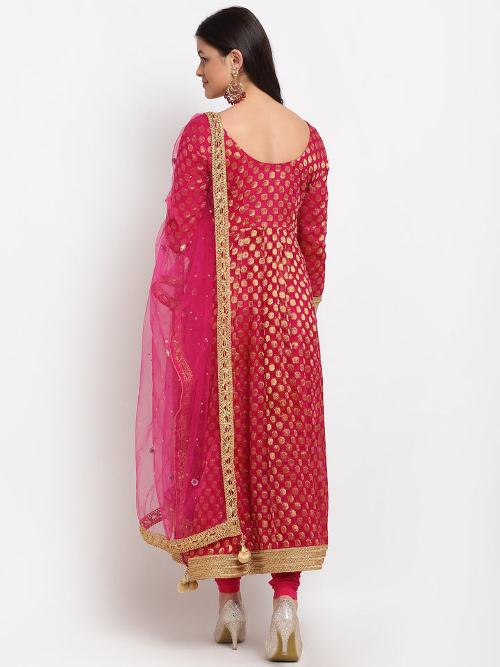 anokherang Combos Pink Red Georgette Banarsi Anarkali with Leggings and Pink Mirror Stone Net Dupatta
