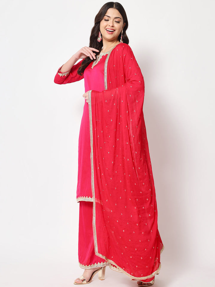 anokherang Combos Pink Shaded Straight Kurti with Flared Palazzo and Dupatta
