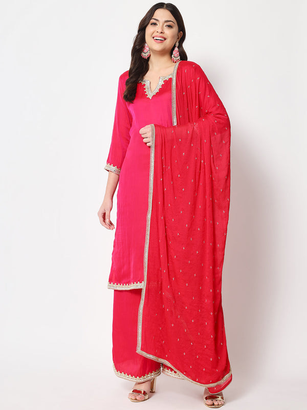 anokherang Combos Pink Shaded Straight Kurti with Flared Palazzo and Dupatta