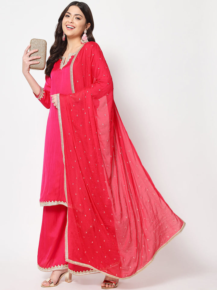 anokherang Combos Pink Shaded Straight Kurti with Flared Palazzo and Dupatta