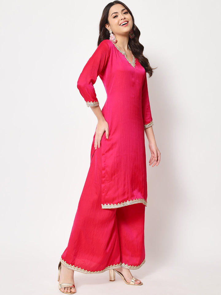 anokherang Combos Pink Shaded Straight Kurti with Flared Palazzo and Dupatta