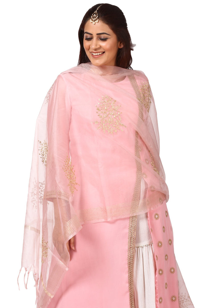 anokherang Combos Pink Side Slit Embroidered Kurti with Gharara and Pink Festive Dupatta