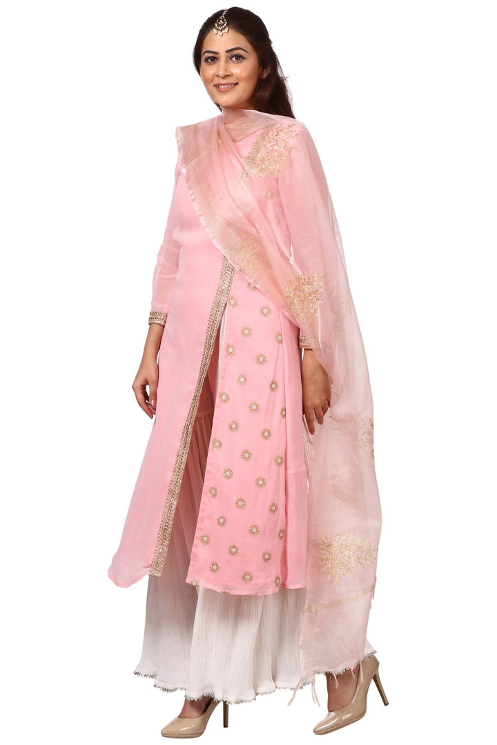 anokherang Combos Pink Side Slit Embroidered Kurti with Gharara and Pink Festive Dupatta