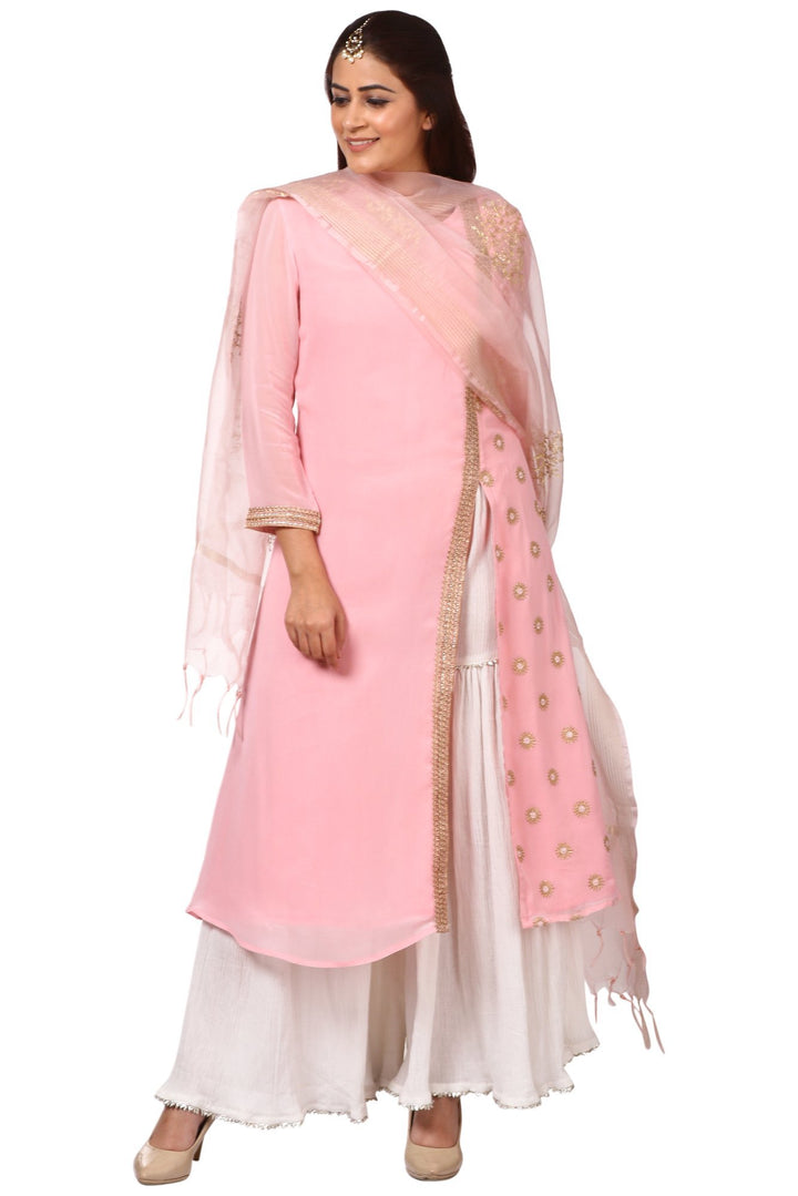 anokherang Combos Pink Side Slit Embroidered Kurti with Gharara and Pink Festive Dupatta