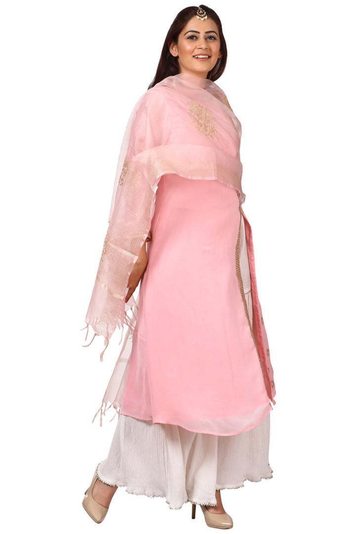 anokherang Combos Pink Side Slit Embroidered Kurti with Gharara and Pink Festive Dupatta