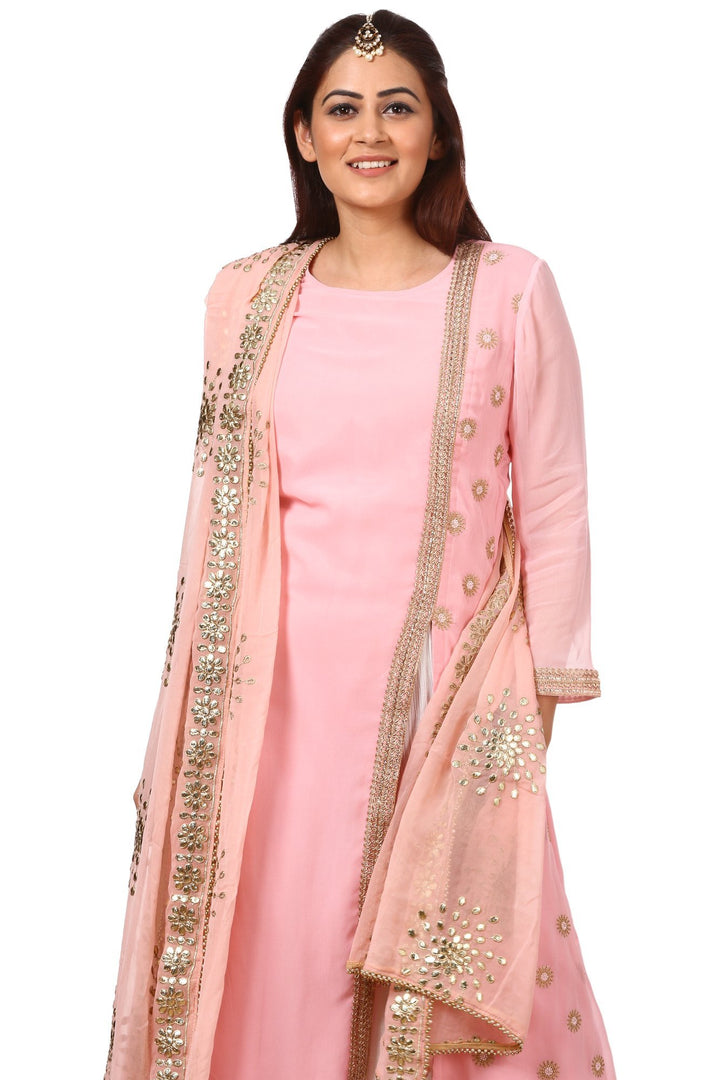 anokherang Combos Pink Side Slit Embroidered Kurti with Gharara and Pink Gotta Floral Embroidered Dupatta
