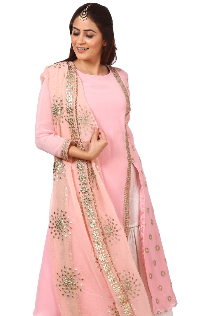 anokherang Combos Pink Side Slit Embroidered Kurti with Gharara and Pink Gotta Floral Embroidered Dupatta
