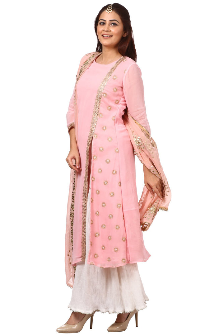 anokherang Combos Pink Side Slit Embroidered Kurti with Gharara and Pink Gotta Floral Embroidered Dupatta