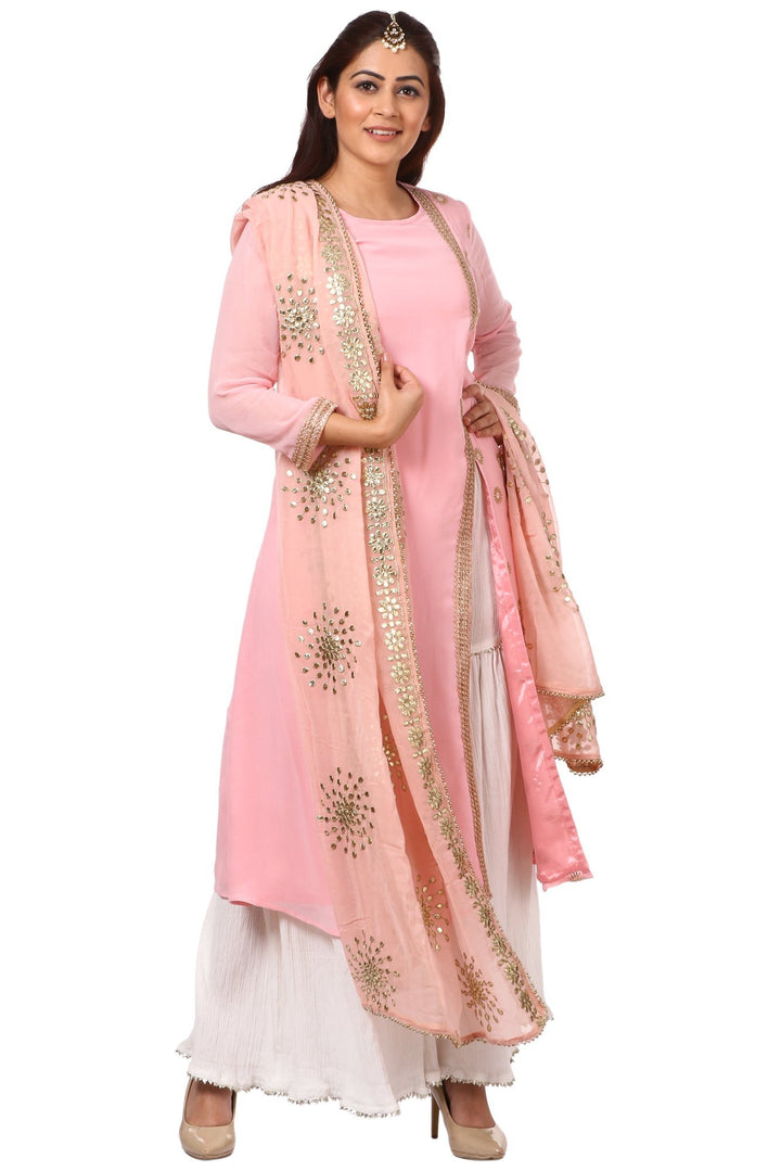 anokherang Combos Pink Side Slit Embroidered Kurti with Gharara and Pink Gotta Floral Embroidered Dupatta