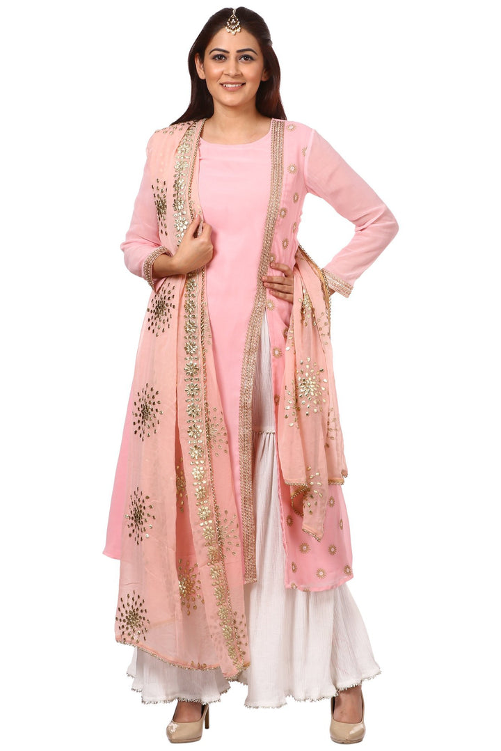 anokherang Combos Pink Side Slit Embroidered Kurti with Gharara and Pink Gotta Floral Embroidered Dupatta