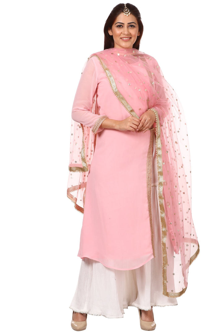 anokherang Combos Pink Side Slit Embroidered Kurti with Gharara and Pink Sequenced Dupatta