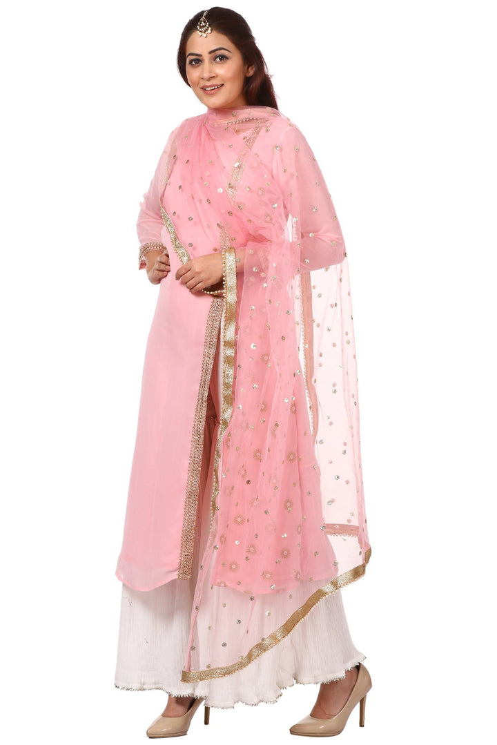 anokherang Combos Pink Side Slit Embroidered Kurti with Gharara and Pink Sequenced Dupatta