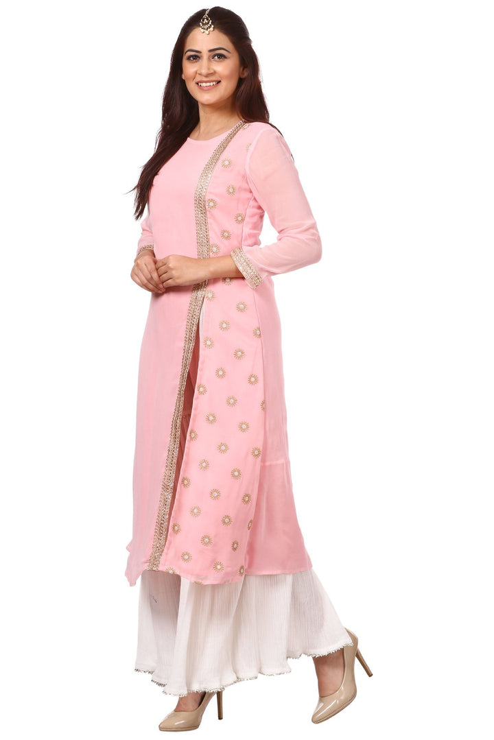 anokherang Combos Pink Side Slit Embroidered Kurti with White Gharara