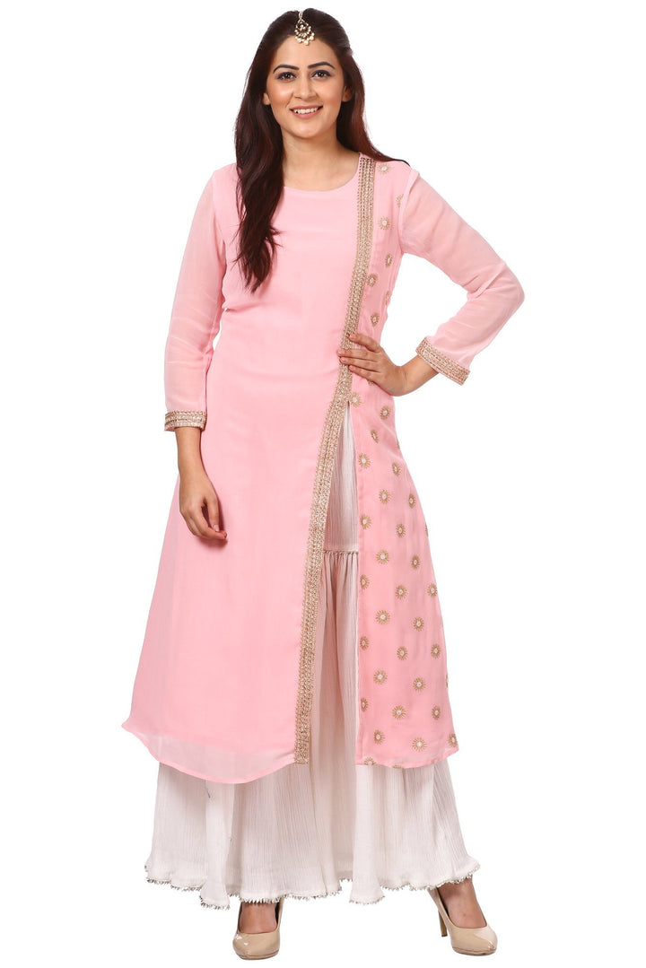 anokherang Combos Pink Side Slit Embroidered Kurti with White Gharara