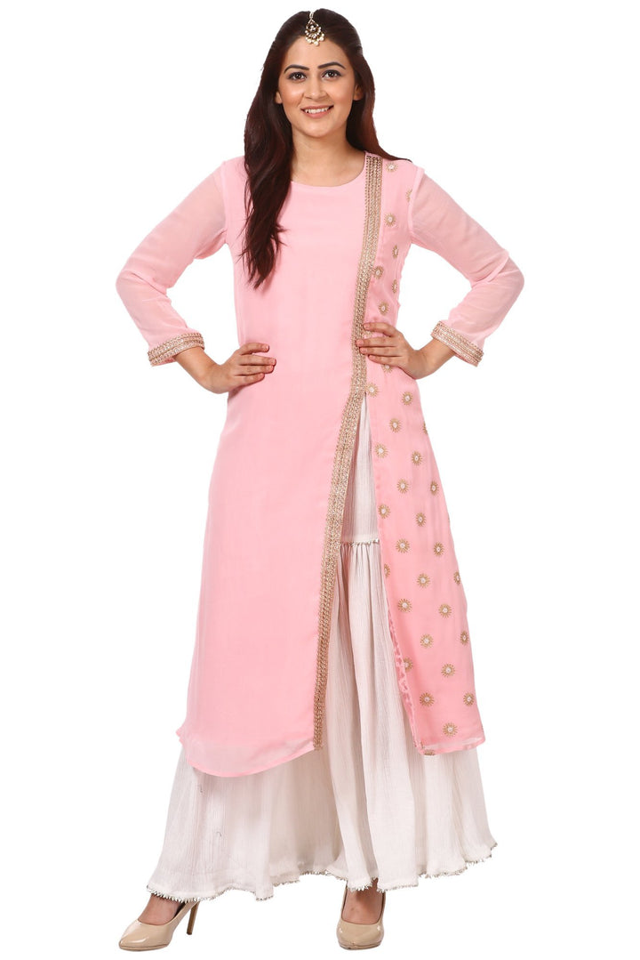 anokherang Combos Pink Side Slit Embroidered Kurti with White Gharara