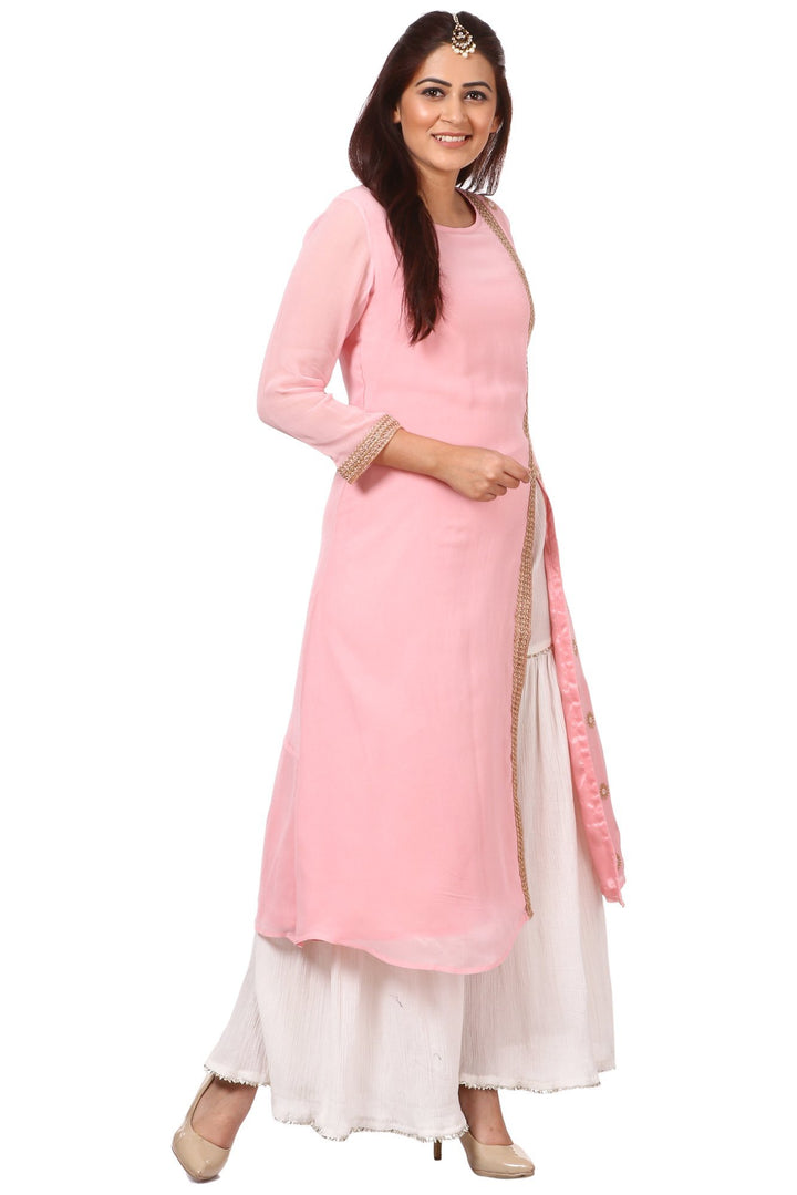 anokherang Combos Pink Side Slit Embroidered Kurti with White Gharara