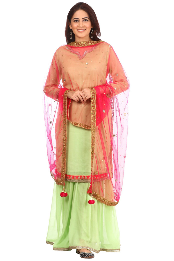 anokherang Combos Pista Charm Short Kurti with Gharara and Hot Pink Mirror Dupatta