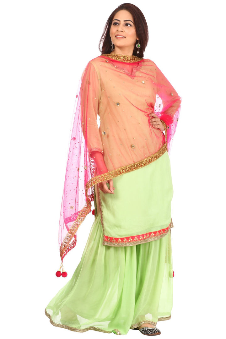 anokherang Combos Pista Charm Short Kurti with Gharara and Hot Pink Mirror Dupatta