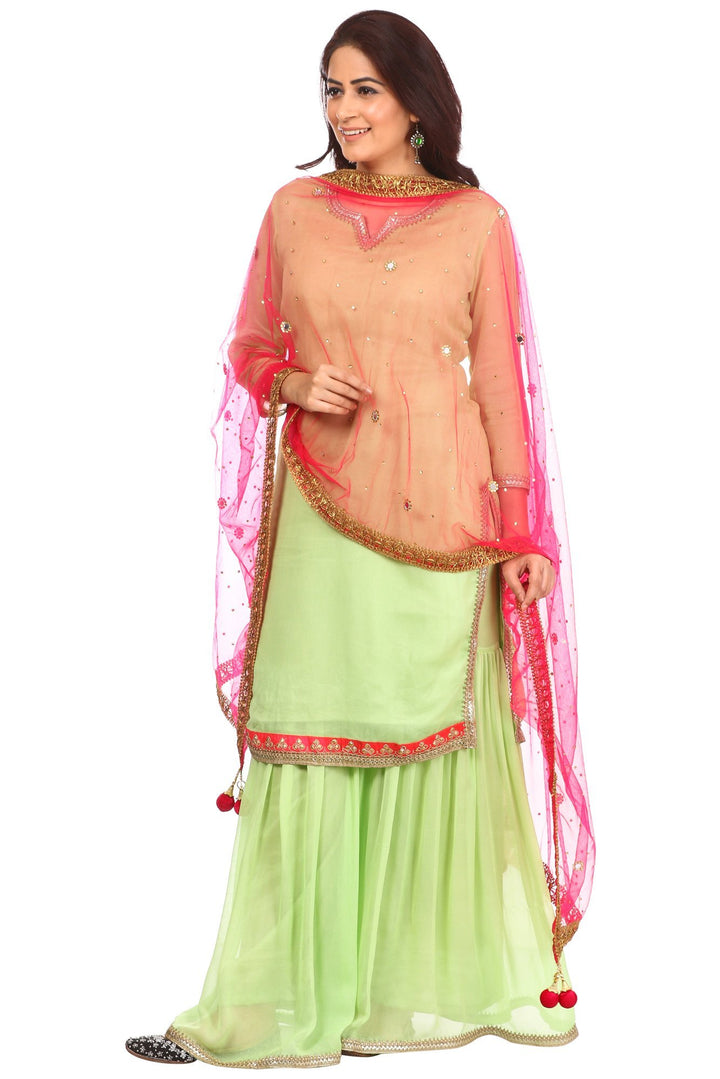 anokherang Combos Pista Charm Short Kurti with Gharara and Hot Pink Mirror Dupatta