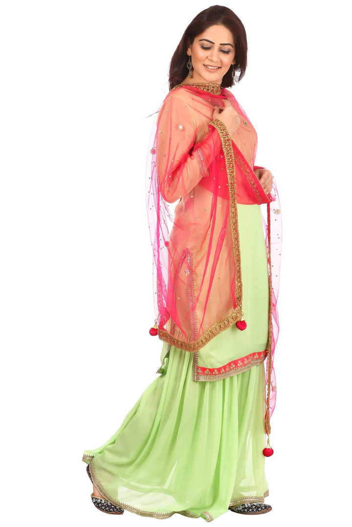 anokherang Combos Pista Charm Short Kurti with Gharara and Hot Pink Mirror Dupatta