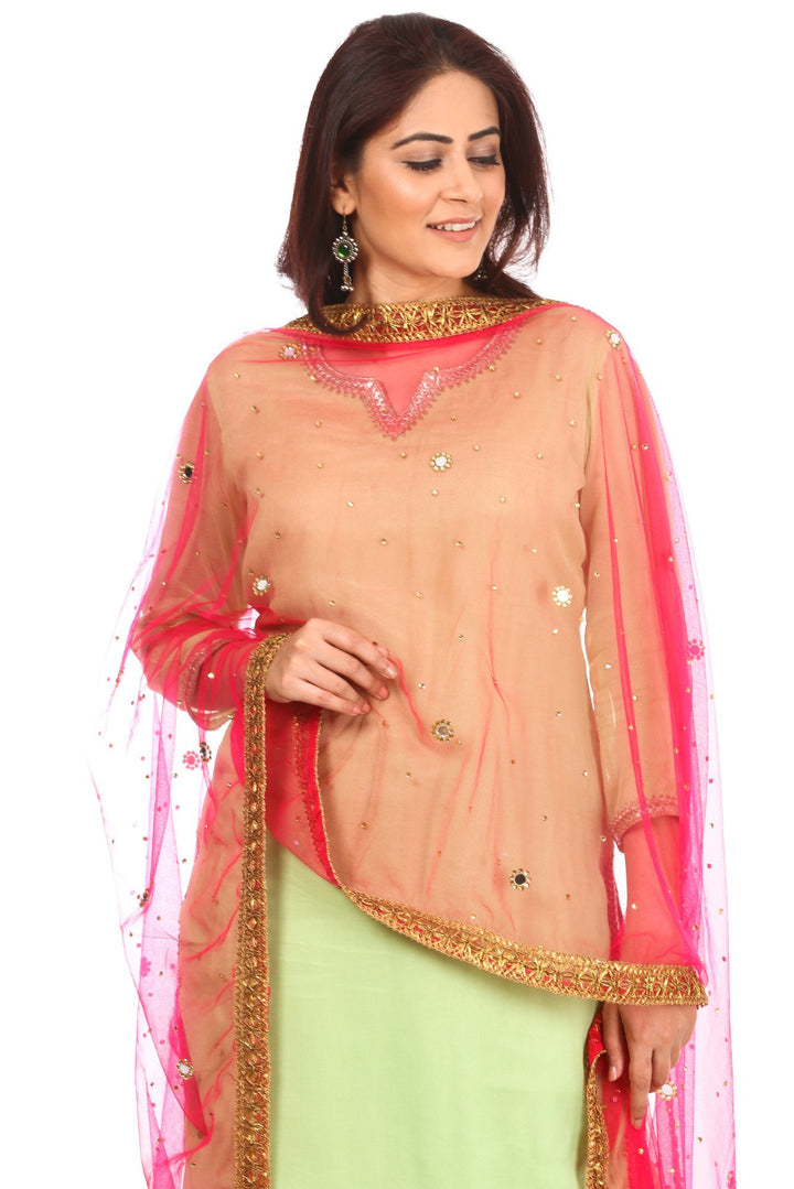 anokherang Combos Pista Charm Short Kurti with Gharara and Hot Pink Mirror Dupatta