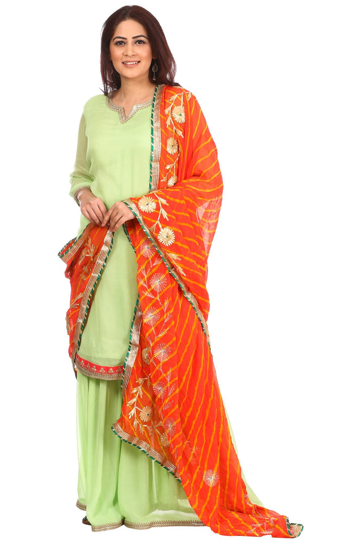 anokherang Combos Pista Charm Short Kurti with Gharara and Peachy Orange Leheriya Gotta Dupatta